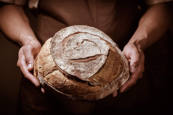 miche de pain dans les mains du boulanger