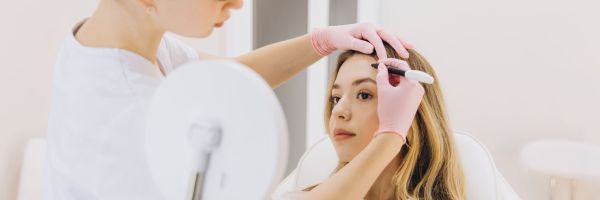 CAP esthétique - CMA Formation Cosmetologist marking patient's face with surgical marker, preparing botox injection near mirror in medical aesthetic setting