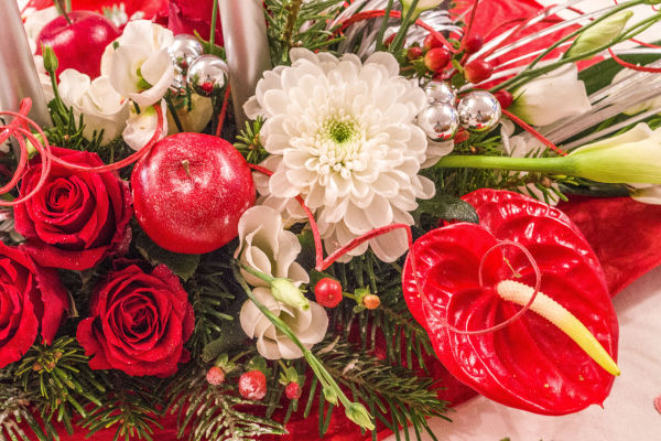 gros plan sur une composition florale de noël