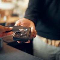 Credit card payment, pos and customer hands, store cashier or restaurant waiter with easy point of sale machine. Shopping, b2c commerce service or woman with financial fintech purchase at retail cafe.